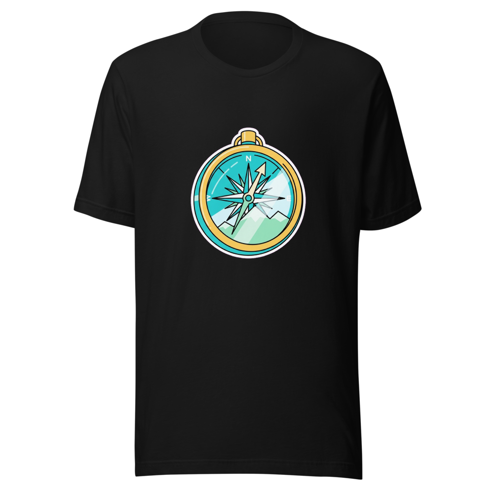 Illustration d'un t-shirt pour randonneur, présentant une boussole vintage en laiton avec un reflet de montagnes.