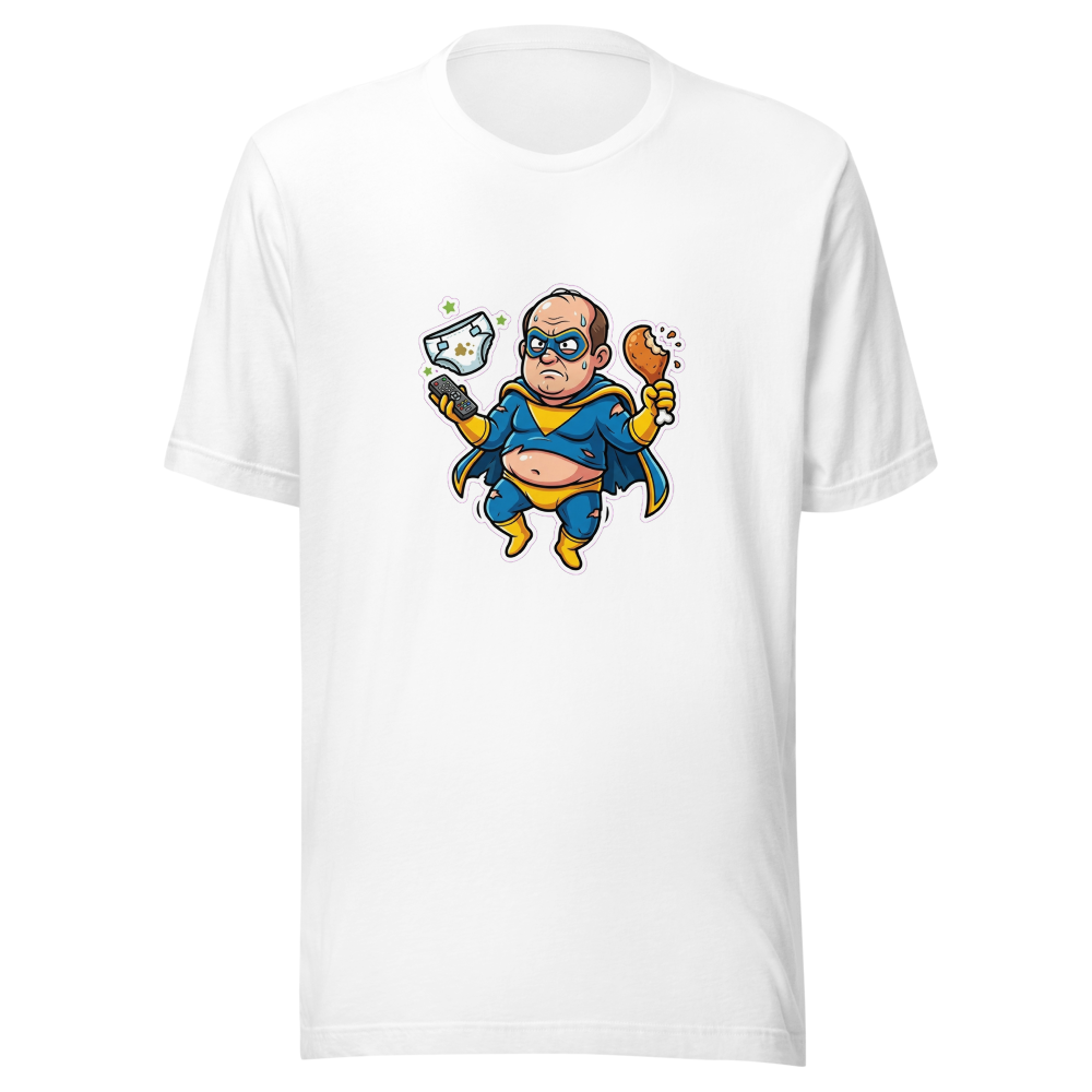 Design de t-shirt humoristique pour homme, représentant un super-héros 'Papa Bod' jonglant avec des objets du quotidien.