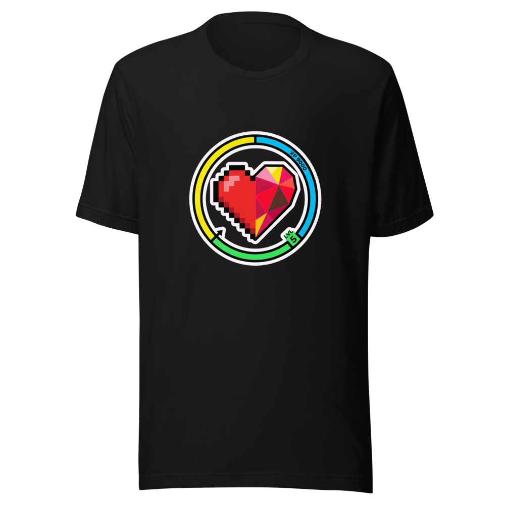 Design pour t-shirt illustrant l'évolution d'un cœur de pixel en polygone entouré d'une barre d'XP, symbolisant la progression du joueur.