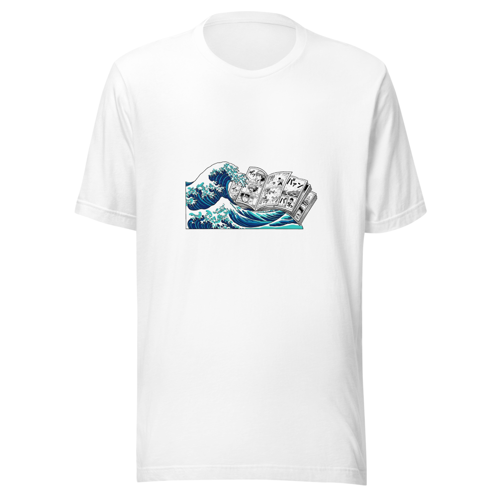 Illustration pour t-shirt montrant une vague japonaise stylisée se transformant en panneaux de manga.