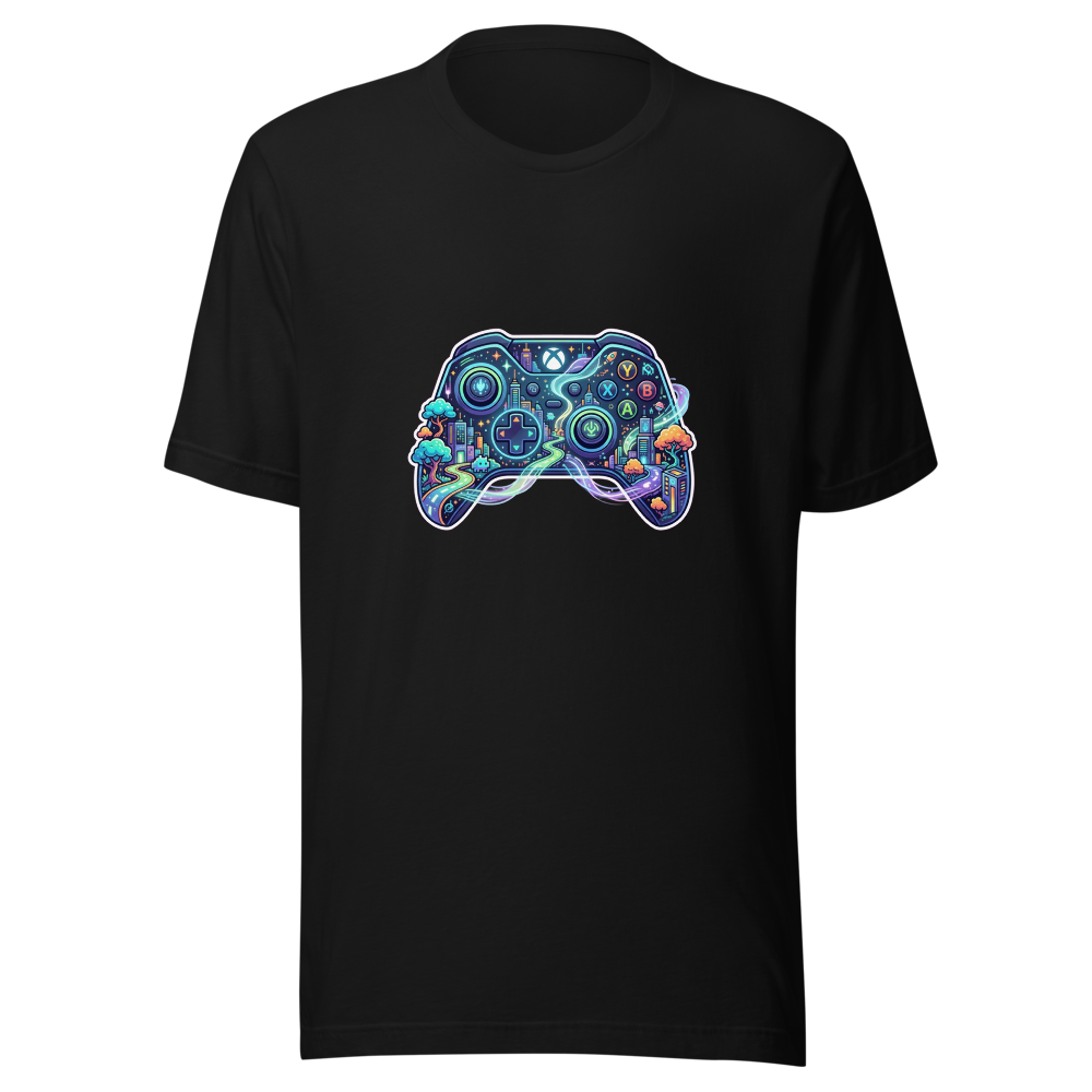 Design de t-shirt illustrant un univers de jeu contenu dans une manette stylisée.