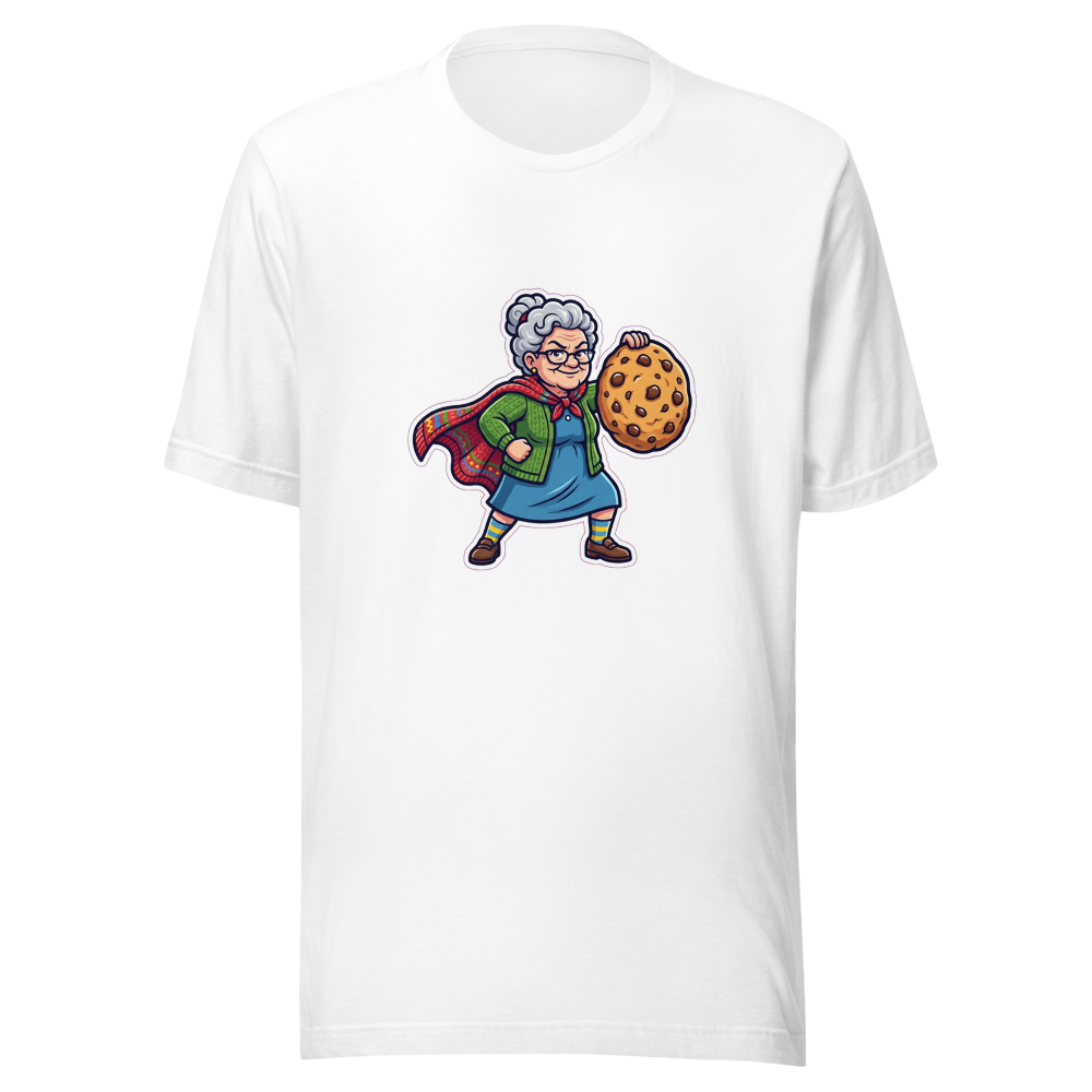 Illustration humoristique d'une mamie super-héroïne avec un cookie géant, prête à être imprimée sur un t-shirt.