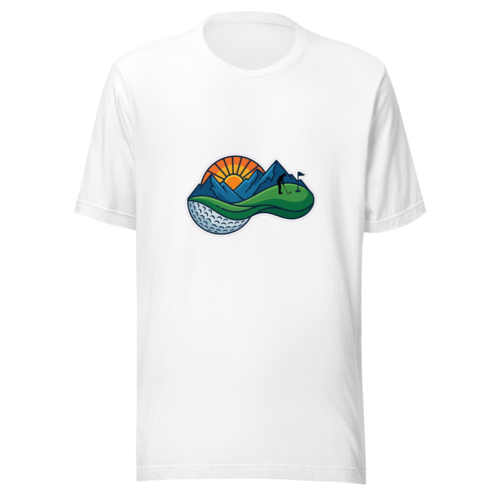 Design de t-shirt pour golfeur illustrant un paysage montagneux et une balle de golf fusionnés.
