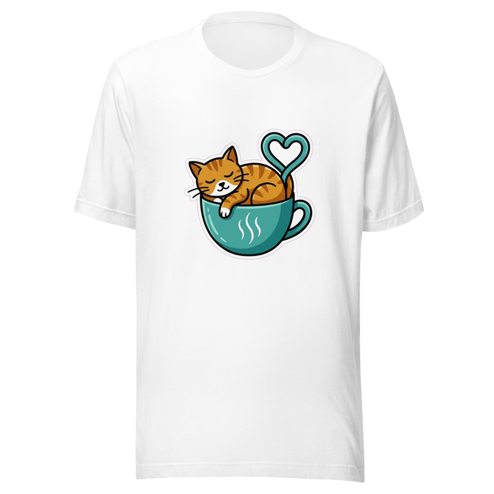 Illustration d'un t-shirt pour amoureux des chats, montrant un chat endormi dans une tasse de café, la queue formant un cœur.