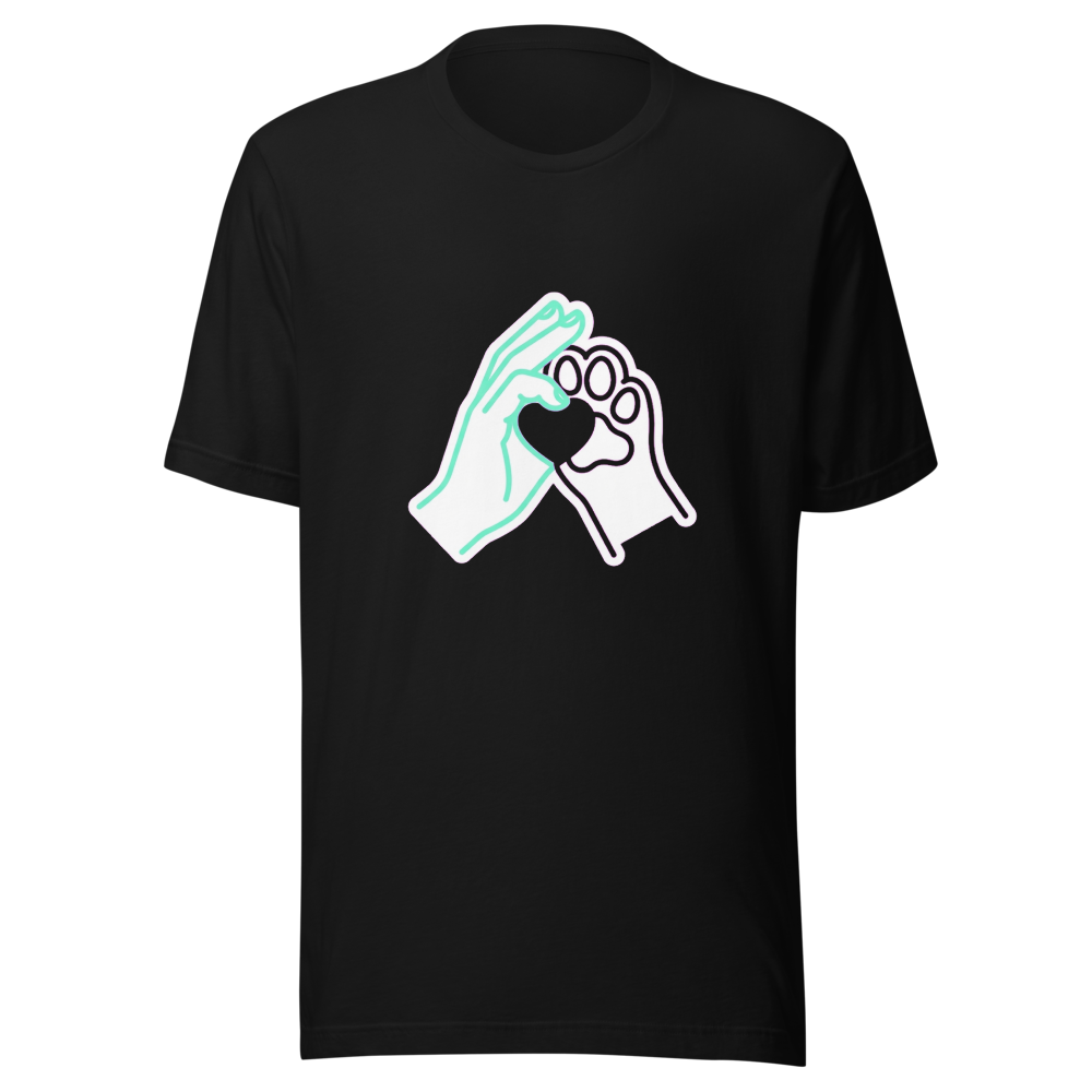 Illustration pour un t-shirt personnalisé montrant une main humaine et une patte de chien formant un cœur.