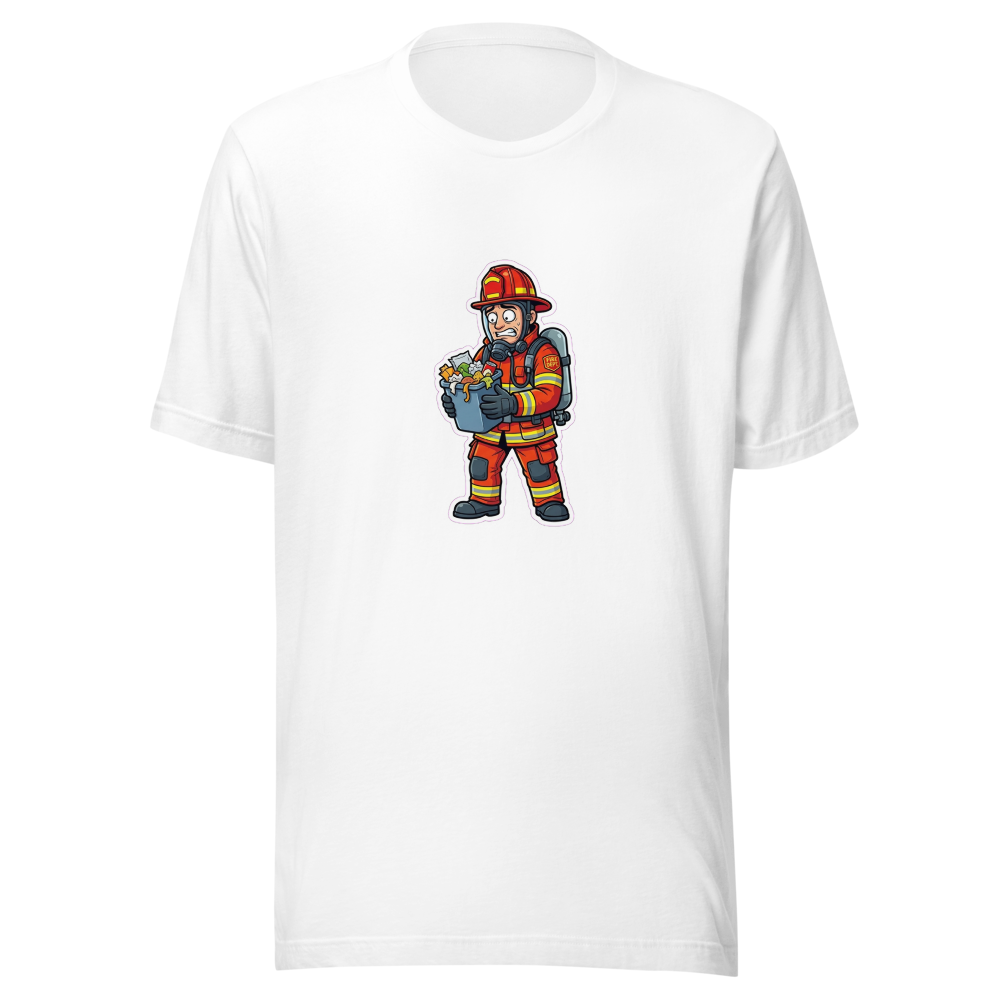 T-shirt humouristique pour pompier, illustrant un pompier face à une poubelle de cuisine débordante.