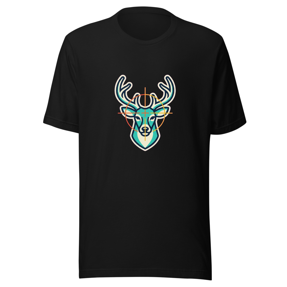 Illustration pour un t-shirt montrant une tête de cerf stylisée avec des réticules subtils, représentant la précision de la chasse.