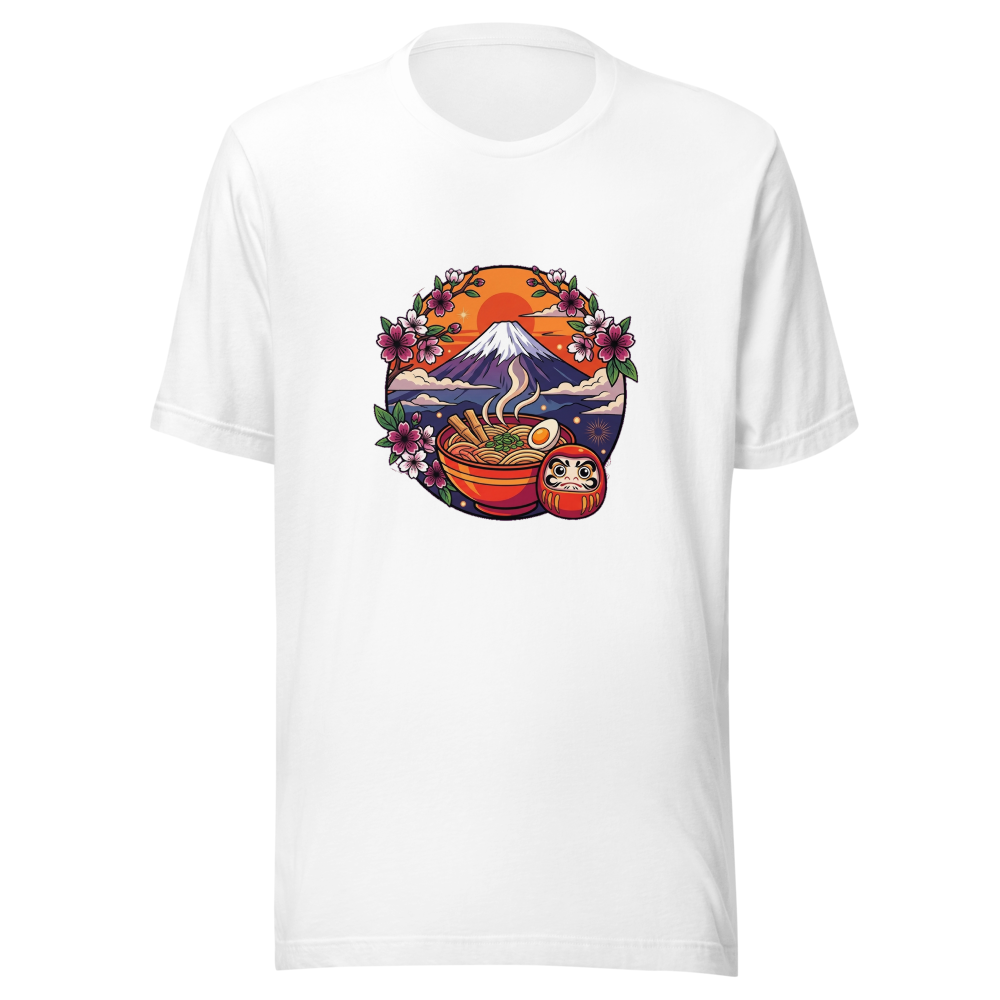 Illustration colorée pour t-shirt, représentant le Mont Fuji au coucher du soleil avec des cerisiers en fleurs, un bol de ramen et une figurine daruma, dans un style vectoriel.