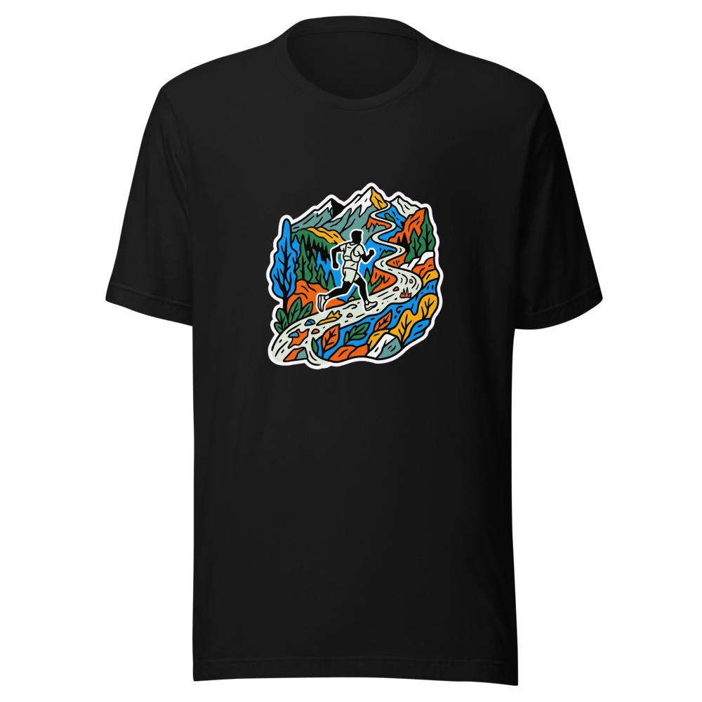 Illustration pour t-shirt de trail runner, représentant un coureur stylisé en pleine action sur un sentier de montagne.