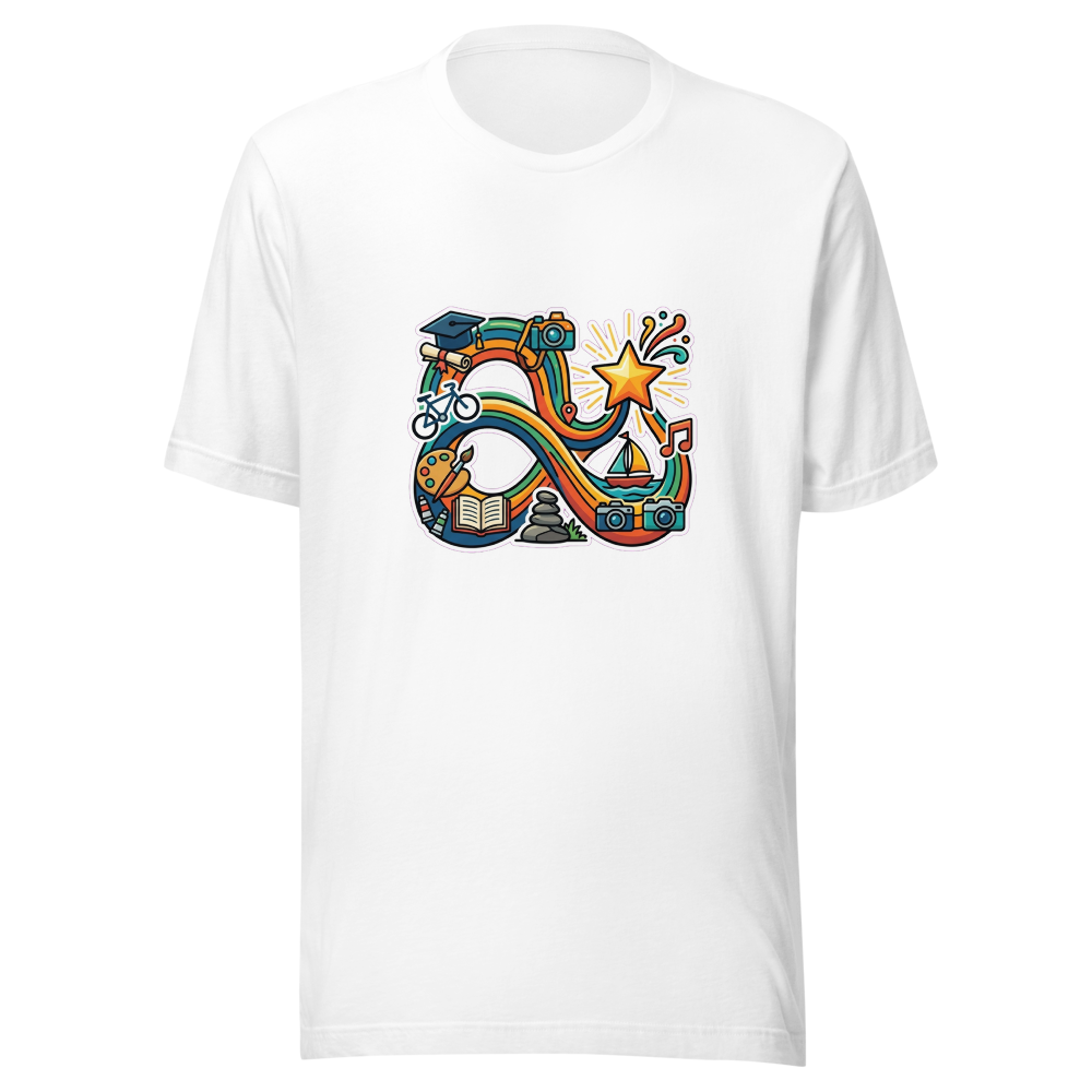 Illustration pour un t-shirt personnalisé représentant un chemin de vie stylisé avec des symboles de passions et un astre d'anniversaire scintillant.
