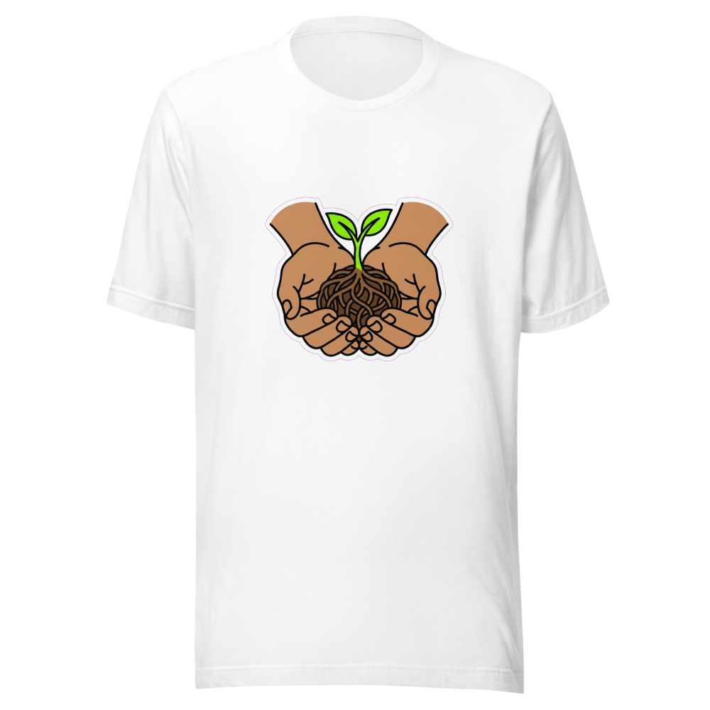 T-shirt avec une illustration minimaliste de deux mains tenant une jeune pousse, symbolisant un nouveau départ et une croissance partagée.