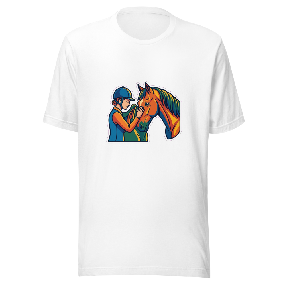 Illustration stylisée d'un cavalier et de son cheval pour un t-shirt personnalisé.